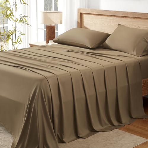 Image of Andency Taupe Queen Sheets Set 100% Viscose Derived from Bamboo | Cooling Summer Sheets, Deep Pocket Up to 16 inch, Silky Soft Hotel Luxury Breathable Bedding Sheets & Pillowcases