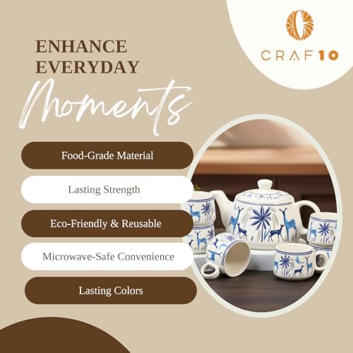 Image of CRAF10 Handcrafted Ceramic Blue Stag Teapot Cup Set - 1 Kettle (1 Litre) & 6 Cups (160 ML), Microwave & Dishwasher Safe | Morning Set | Tea Sets with Kettle for Gifting