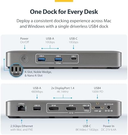 StarTech USB4 Docking Station, Driverless Dual 4K 144Hz for Mac and Windows, Universal USB-C Dock with DisplayPort, 100W PD and 2.5GbE