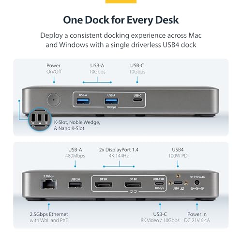 Image of StarTech Driverless USB4 Dock, Dual 4K 144Hz for Mac and Windows, 100W | Universal USB-C dock, M4 and M5 MacBook, Plug-and-play, Single 8K 60Hz DisplayPort, 2.5GbE, Lock slot