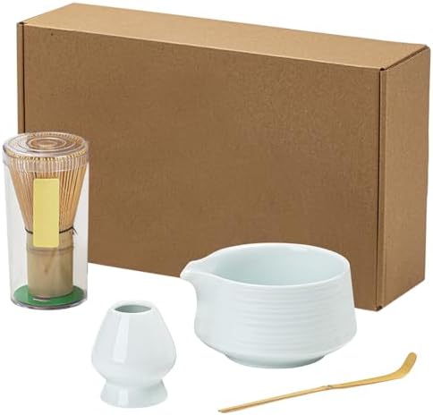 Service à Thé Matcha 4 Pièces - Bol Céramique 540 Ml, Fouet (chasen), Pelle (chashaku), Support - Marron