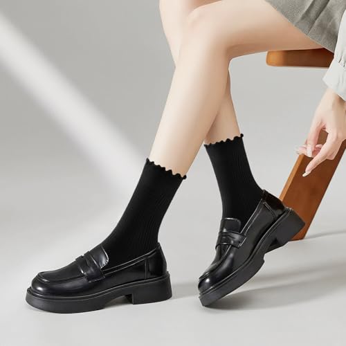 Image of MORECOO 6 Pairs Socks for Women, Cute Ruffle Frilly Ankle Socks, Cotton Lace Crew Socks for Mary Jane Shoes, 6 Pack