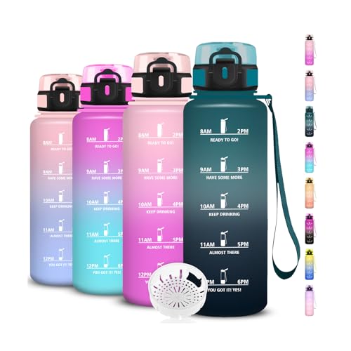 Botella Agua, Botella 1.5 Litros con Filtro, Cantimplora con Marca de Tiempo, a Prueba de Fugas, Fácil de Transportar, Cantimplora Infantil para la Deporte, Adulto, Camping, Senderismo, Camping, Gym