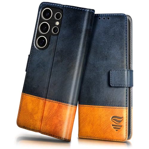 Image of FLIPPED Vegan Leather Flip Case Back Cover for Samsung Galaxy S25 Ultra 5G (Flexible, Shock Proof | Hand Stitched Leather Finish | Card Pockets Wallet & Stand | Irish Blue with Tanned Oak)