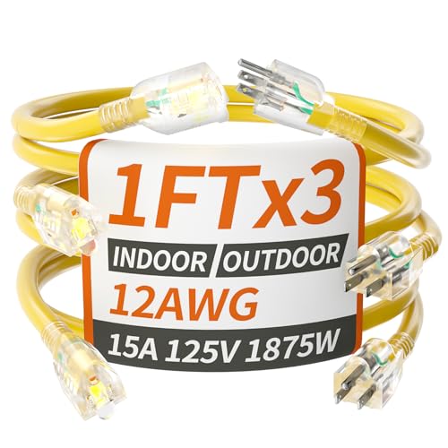 PlugSaf 12/3 Gauge Yellow Indoor Outdoor Extension Cord 1FT (3 Pack) with Lighted Indicator,3 Prong...