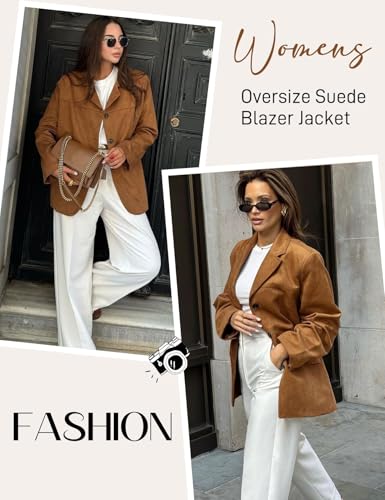 Flygo Womens Faux Suede Blazer Jacket Vintage Long Sleeve Button Down Casual Blazer Business Work Outfits4