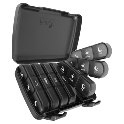 Fullicon Weekly Pill Box Organiser 3 Times A Day, Travel 7 Day Tablet Boxes with Large Compartments for Medicine, Medication, Vitamin, Supplement and Fish Oil Supplements (Black) Cover