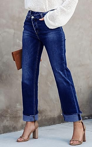 PLNOTME Women's High Waisted Straight Leg Jeans Crossover Stretch Casual Cuffed Denim Pants3