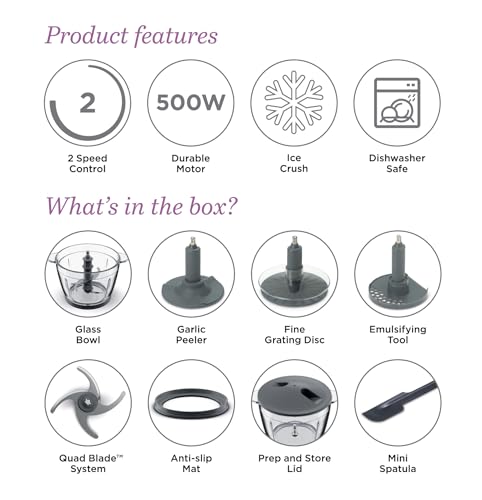 قطاعة طعام زجاجية كهربائية قوية من كينوود مع قرص تقطيع، أداة تحضير مستحلب، شفرة رباعية، منقط برو، غطاء تخزين، سرعة مزدوجة، ملعقة، وظيفة كسر الثلج CHP62.470SI فضي