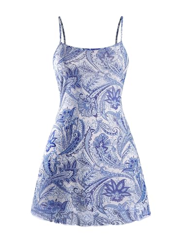 Image of Milumia Women's Summer Mini Dress 90s Boho A Line Mesh Short Dresses | Spaghetti Strap,Sleeveless,Vintage,Paisley Print,Festival Outfits,Cowgirl,Y2k,Goth,