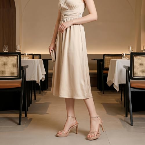 Image of RIBONGZ High Heels for Women Kitten Heeled Sandals with Ankle Strap Round Open Toe Strappy Stiletto Heels Comfort Summer Wedding Party Evening Prom Daily Dressy Shoes