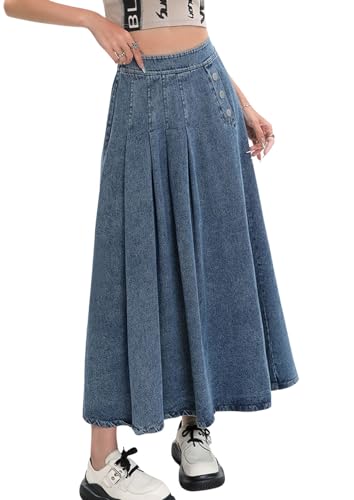 CHARTOU Women Pleated Denim Skirt Long Jean Skirt Flowy Elastic Waist Denim Maxi Ruffle Skirt Flare A Line Skirt