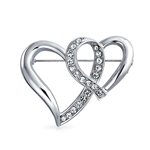 Bling Jewelry Winter Wedding Holiday Clear Glittering Crystal Bridal Fashion Large Statement Open Interlocking Double Heart Scarf Brooch Pin for Women Silver Plated