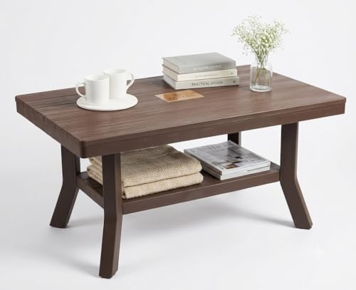 Image of Royal Plastic Centre Table Coffee & Tea with Shelf Storage for Living Room, Bedroom, Balcony & Garden | Easy to Move | Light Weight Dark Brown - 82.5 x 52.5 x 42.5 CM