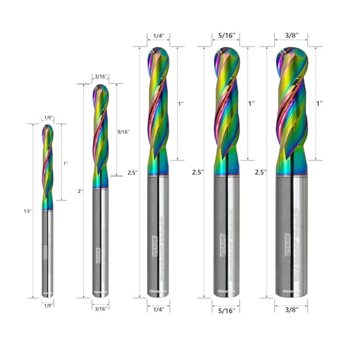 Image of Tools Carbide Ball Nose End Mill Bits Set (1 /8,3 /16,1 /4,5 /16,3 /8) 5Pcs, DLC Coating, CNC Cutting Tools for Aluminum and Wood Cutting, 3D Carving & Engraving. 2 Flute Router Bits.