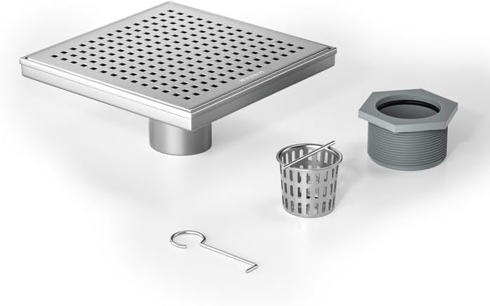 Square Shower Drain 8", 304 Stainless Steel Floor Drain with Grid Drain Cover & Hair Strainer, Retrofit Shower Drain w/CUPC Certified, Brushed