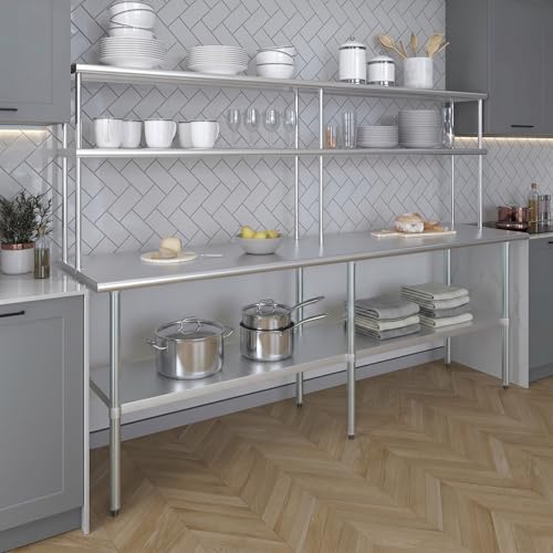 Image of AmGood Stainless Steel Work Table with 12 inch Wide Double Tier Overshelf | Metal Kitchen Prep Table & Shelving Combo | NSF (Stainless Steel Table with Double Overshelves, 96 inch Long x 24 inch Deep)