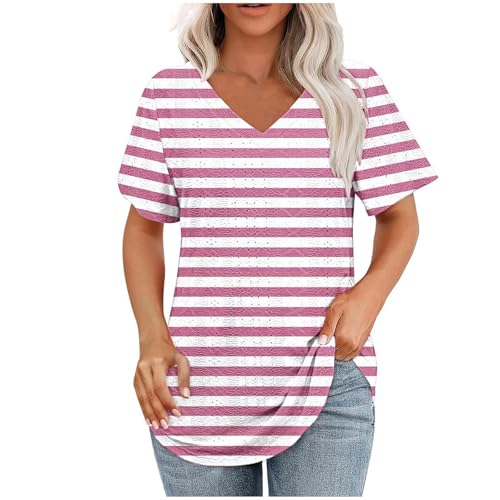 Camiseta de verano para mujer, cuello en V, casual, de manga corta, con ojales, cómoda, con estampado floral, para vacaciones, para salir, camiseta básica, 02 Rosa, XXL