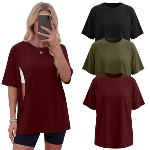 Image of Sweetyweee 3 Pack Women's Oversized Nursing Tops for Breastfeeding with Hidden Zippers Loose Fit Short Sleeve Maternity Tops