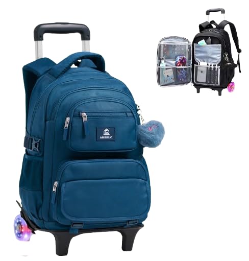 Mochila Escolar com Rodinhas, Unissex, Reforçada, Múltiplos Compartimentos, com Alça de Carrinho regulavel, para Crianças 6-12 Anos (Azul)