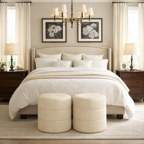 Image of HomePop 18 inch Round Ottoman - Cream Faux Leather