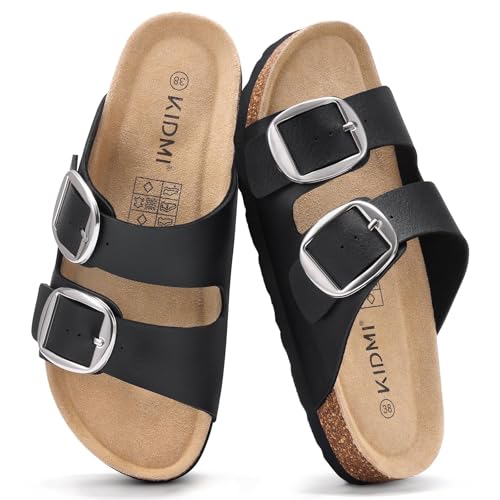 Image of KIDMI Women's Cork Footbed Slide Sandals Comfortable Arch Support Outdoor Sandal with Big Adjustable Buckle for Summer