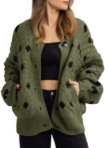 Saodimallsu Womens Chunky Cardigans Button Down Long Sleeve Open Front Plaid Knit Loose Fall Sweater Coats