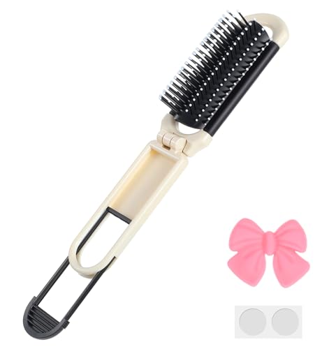 Folding Hair Brush, 11 cm Small Hair Brush, Mini Handbag Hairbrush with Removable Mirror & Classic Bowknot for Women and Girls, Purse, Makeup Bag, Travel Home, (Cream White)