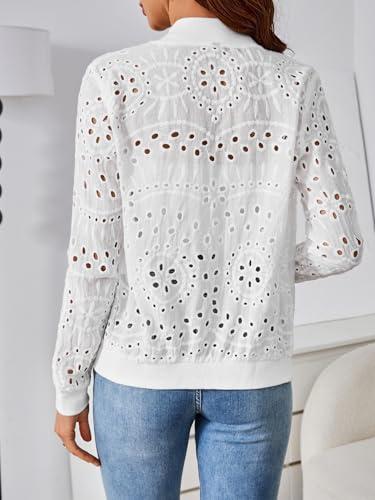 SweatyRocks Women's Bomber Jacket Eyelet Embroidery Long Sleeve Casual Hollow Out Lightweight Zipper Up Jacket2