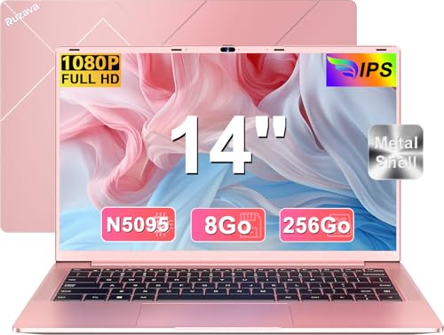 Ordinateur Portable 14 Pouces Celeron N5095 8Go LPDDR4 Win11 256Go SSD Extension1To 5G WiFi Laptop 5000mAh 1920x1080 FHD PC Portable avec Souris sans Fil & AZERTY Membrane du Clavier - Or Métal Laptop