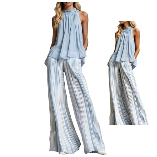 Traje de dos piezas azul claro con pantalón palazzo a rayas de diseño sofisticado
