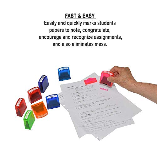 Self Inking Pre-Inked Office Stamp Set, 8 Message Account Stamp Office Stationary Stamper Business Paper Work Text File Stamps w/Tray Red\Blue\Black Ink