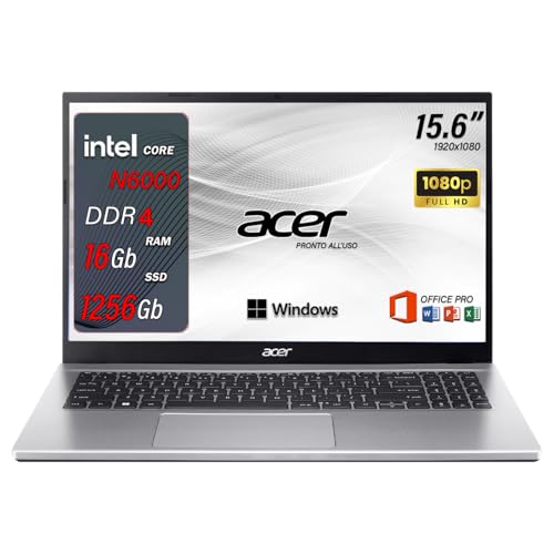 acer aspire 3 | Pc portatile, intel core N6000 | Ram 16 GB ddr4 | SSD 1256 GB | Silver | Display 15.6' FHD | BT | WiFi | Windows 11 Pro | Pacchetto Office Pro | Computer portatile Notebook