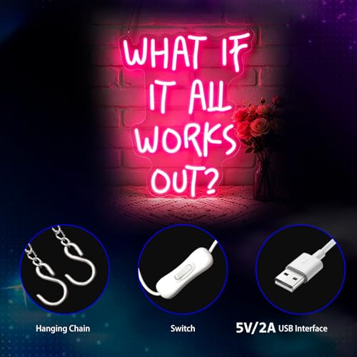 Image of Neon Sign, What If It All Works Out Neon Signs for Wall Decor - Pink Motivational LED Light for Home, Office, Room - USB Powered Light Up Sign Decorations