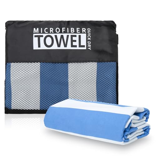 TMEOG Microfibre Beach Towels 180x80cm Extra Large Sand Free Beach Towel for Adults Compact Thin Travel Towel Women Men Lightweight Swim Pool Yoga Towel with Bag(Blue Stripes) - Image 2