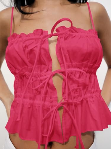 Image of Tankaneo Womens Summer Tie Front Crop Tops Cute Ruffle Ruched Spaghetti Strap Tank Tops Y2K Going Out Shirts