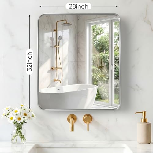 Image of Sweetcrispy Bathroom Mirror 32x28 Inch Metal Framed Rounded Rectangle Vanity Mirror for Wall, Over Sink, Farmhouse, Restroom, Anti-Rust, Modern Decorative, Horizontal or Vertical Hanging, Silver