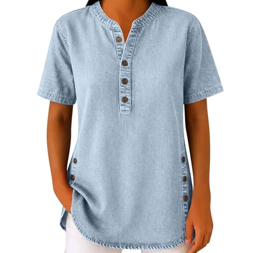 QUNPIU Women Vintage Washed Denim Shirt Button Up Casual Short Sleeve Henley V Neck Side Slit Jean Blouse Loose Summer Tops