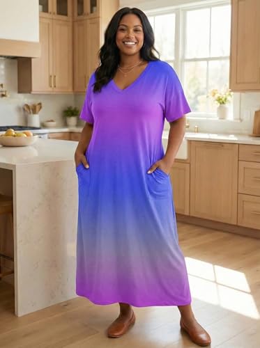 Image of Plus Size Maxi Tshirt Dress for Curvy Women Oversize Summer Outfits Dresses Sundresses with Pocket Blue 3XL