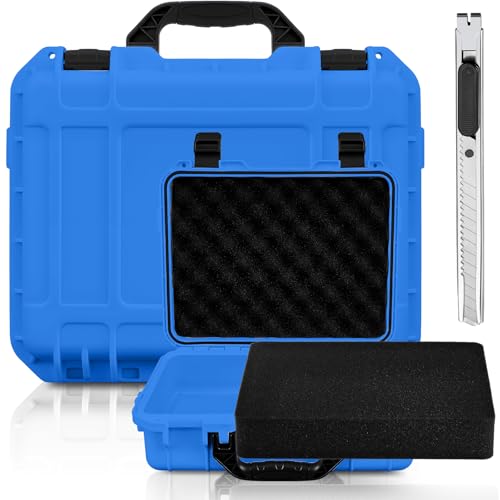 Relaxweex 1 Pcs Waterproof Hard Case with DIY Customizable Foam Insert Portable Protective Case with Knife for Camera Drones Equipments Tools Test Instruments(Blue,16.3 x 12.4 x 6.5 Inch)