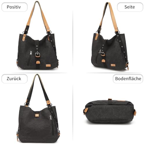 KONO Damen Rucksackhandtaschen Rucksack Canvas Handtasche 2 in 1 Vintage Damen Umhängetasche Verstellbare Schultergurte für Alltag Büro Schule Ausflug Einkauf(Schwarz)