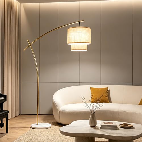 Image of Lightdot Arc Floor Lamp, 70in Standing Tall Lamp Dimmable for Living Office | 70in Modern Arc Floor Lamp with Marble Base & Double Fabric Lampshade, Overhanging Floor Lamp for Living Room Bedroom Reading