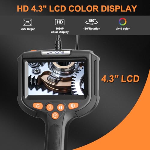 Image of Borescope with Light, 4.3-Inch HD Display, 5.5mm Lens, 6.6 ft, Black | IP67 waterproof protection, six dimmable LEDs, over 4-hour rechargeable battery, hook, magnet, and side-mirror accessories