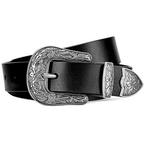 BISON DENIM ceinture vintage en cuir pour femme, 2,8 cm de large avec boucle ardillon sculptée, convient aux jeans et aux vêtements de travail, Noir Cover