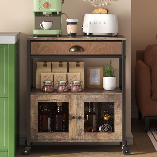 X-cosrack Coffee Bar Cabinet，3 Tiers Kitchen Coffee Cart with Drawer for The Home, Movable Farmhouse Ktichen Station Table on Wheels for Living Room, Entryway, Dining Room, Kitchen