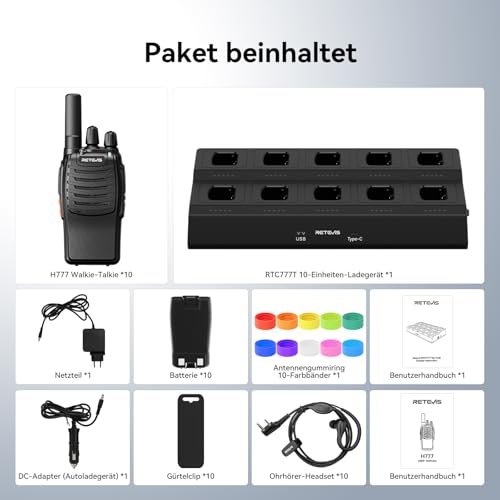 Retevis H777 Funkgerät, Zwei-Wege-Radio mit 10-Fach Ladegerät, PMR446 Funkgeräte Set Headset Professionell, USB-C Handfunkgeräte für Gewerbe und Sicherheit (Schwarz, 10 Stück)