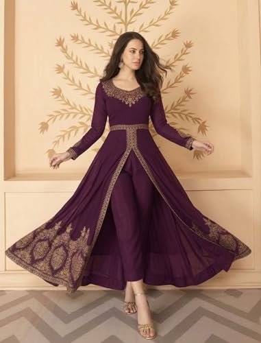Image of Divine International Trading Co Women's Faux Georgette Semi Stitched Top with Santoon Fabric Bottom and Faux Georgette Dupatta Embroidered Front Slit Anarkali Dress
