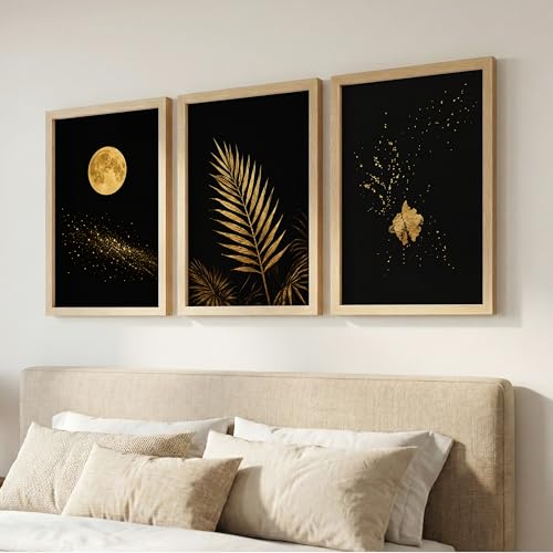 Image of TheMakerly Set of 3 Moon & Golden Palm Leaf Wall Art Paintings for Living Room | Modern Luxury Black Gold Wall Decor | Framed Wall Paintings for Bedroom, Hall, Office & Home Decoration (13x19 Inches)