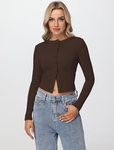 Womens Long Sleeve Tops Fall Lightweight Cardigan Cropped Going Out Shirts Ribbed Button Down Cute Trendy 2025