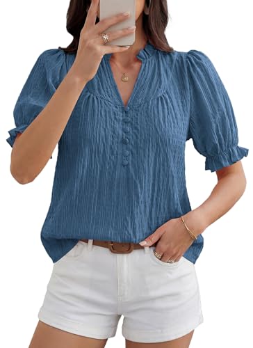 Womens Spring Tops 2026 Puff Short Sleeve V Neck Shirts Dressy Casual Cute Blouses Trendy Summer Outfits-XXL Grey Blue Womens Spring Tops 2026 Puff Short Sleeve V Neck Shirts Dressy Casual Cute Blouses Trendy Summer Outfits-XXL Grey Blue